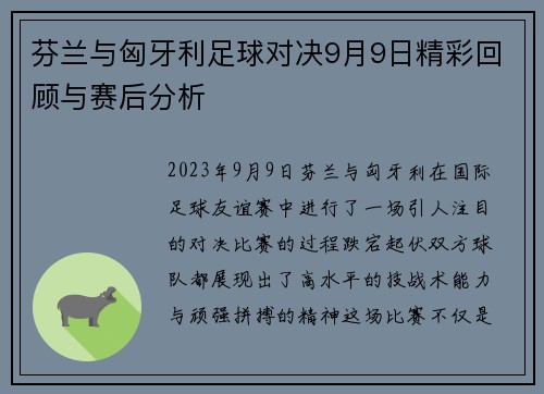 芬兰与匈牙利足球对决9月9日精彩回顾与赛后分析